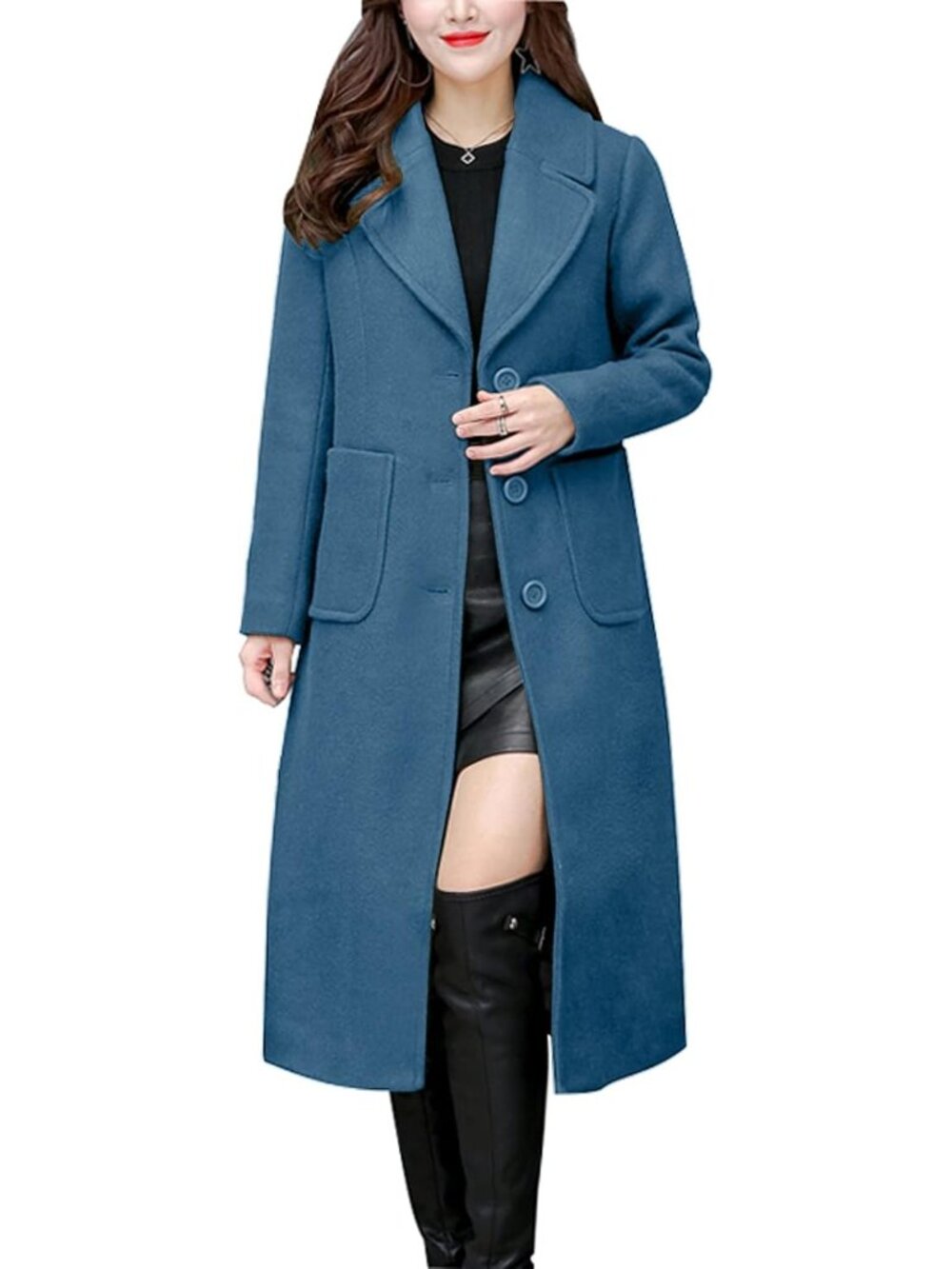 Women Dark Blue Notch Collar Long Sleeve Single Breasted Wool Blend Trench Coat